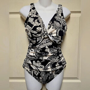 Ralph Lauren One Piece Swimsuit Women's Black White Paisley 4 way Stretch 8PT